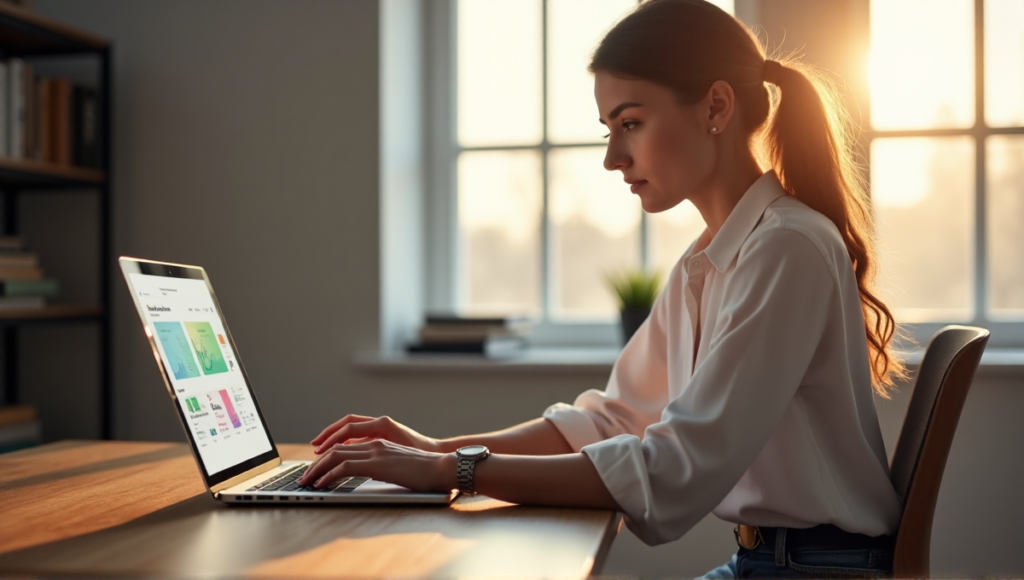 "A woman sits at a wooden desk, laptop open with AI apps for budgeting (Mint, Personal Capital) and productivity (RescueTime, Focus@Will), hands hovering over keyboard in a home office setting."