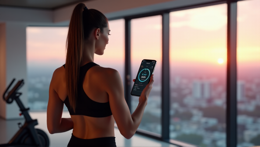 "A young woman stands in a modern home gym with floor-to-ceiling windows overlooking a serene cityscape at sunrise. She's focused on an AI-powered fitness app displaying her personalized workout routine."