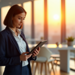 "Unlock AI-Powered Productivity for Effective Leadership" A confident businesswoman stands in a modern office with floor-to-ceiling windows, gazing at an AI-powered productivity dashboard on her tablet amidst a serene cityscape at sunrise.