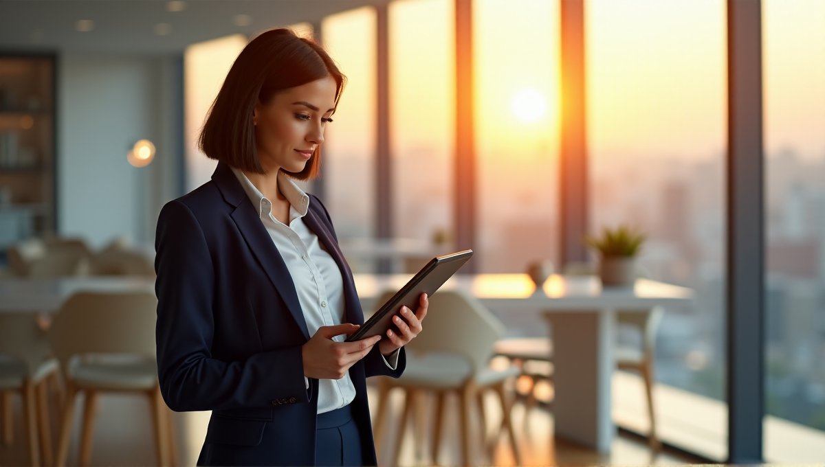 A confident businesswoman stands in a modern office with floor-to-ceiling windows, gazing at an AI-powered productivity dashboard on her tablet amidst a serene cityscape at sunrise.
