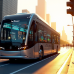 How AI Enhances Public Transportation Systems for Seamless Efficiency "Image of a sleek silver self-driving bus navigating through a bustling city during golden hour, showcasing AI-powered traffic management and LED display screens highlighting route information and energy consumption."