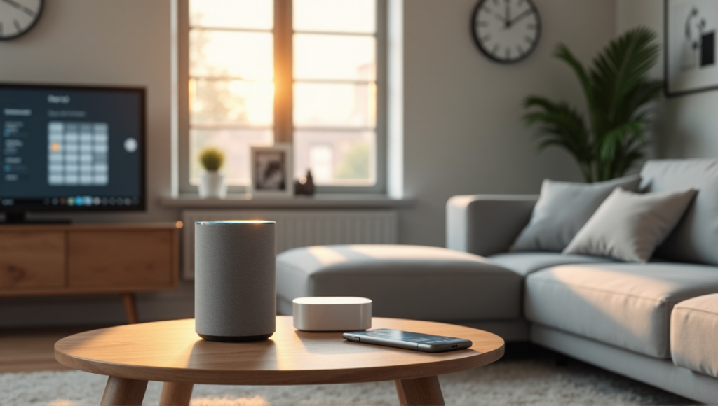 "A modern living room featuring a silver smart speaker, 4K TV displaying calendar, wireless charging pad, compact printer, and various AI-powered devices in harmony with work productivity tools."