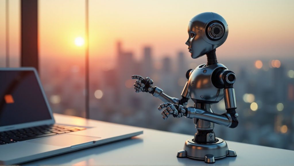 "A sleek silver robotic arm integrated with AI automation technology sits on a modern desk amidst a futuristic office environment with cityscape views."