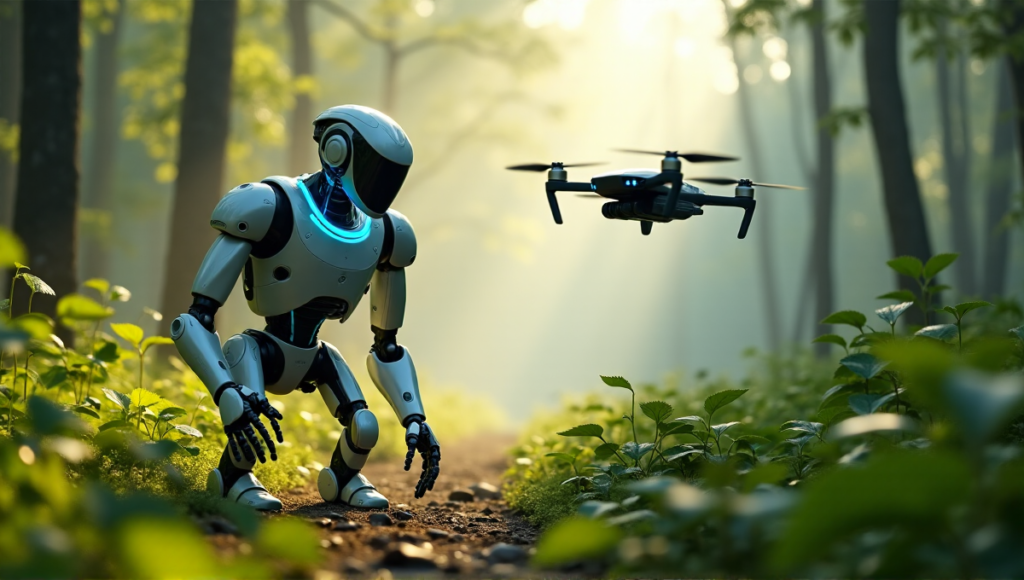 "A futuristic environmental conservation center surrounded by lush greenery, featuring AI-powered robots and drones working in harmony to protect wildlife habitats, exemplifying the potential of AI Automation Solutions."