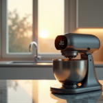 "A sleek kitchen setup featuring an advanced AI-powered cooking robot with a stainless steel body and touchscreen display, surrounded by modern kitchen elements."