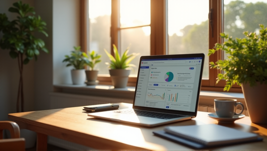 "A home office setup featuring a laptop displaying an AI-powered productivity app, surrounded by business items in a cozy living room with natural light."