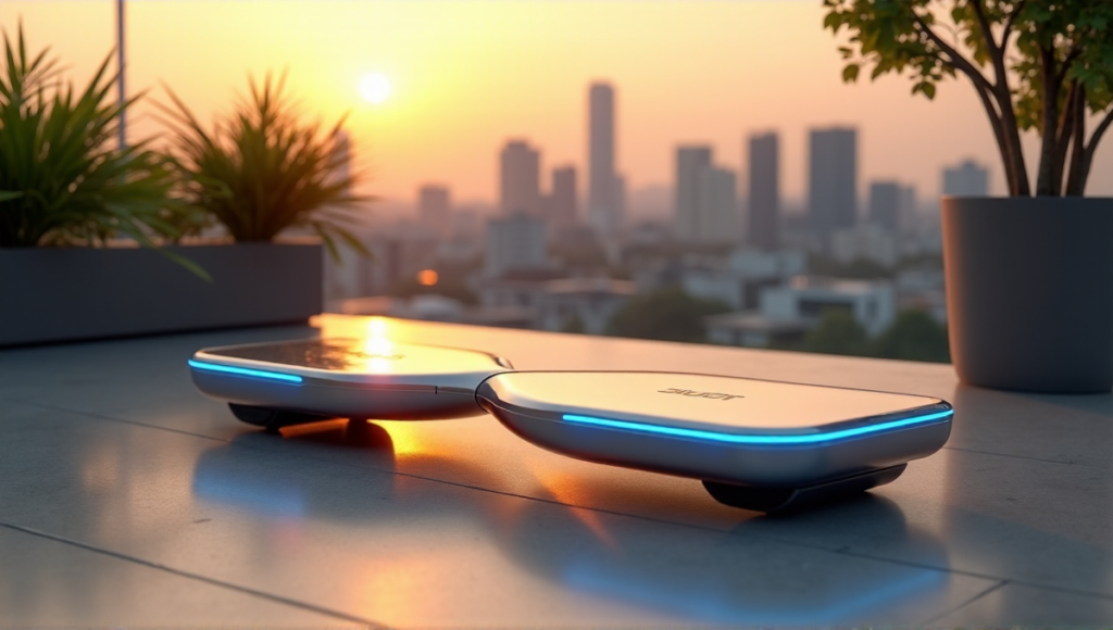"A sleek silver hoverboard on a rooftop garden at sunset, with AI-powered navigation system active, surrounded by lush greenery and modern architecture."