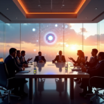 "A group of diverse professionals in a modern conference room discussing AI-powered solutions, with a cityscape view and an intricate network diagram on a large screen."