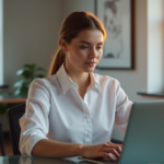 "A young professional sits confidently at a glass desk, efficiently navigating AI-powered task management software on their laptop, surrounded by a minimalist office space with soft natural light."