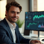 "A business professional sits comfortably behind a modern desk, surrounded by AI-powered tools and software, in a minimalist office space with natural light."