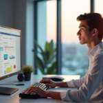 "A young professional sits at a minimalist desk, using AI automation solutions to manage tasks on a high-resolution monitor in a well-lit home office."