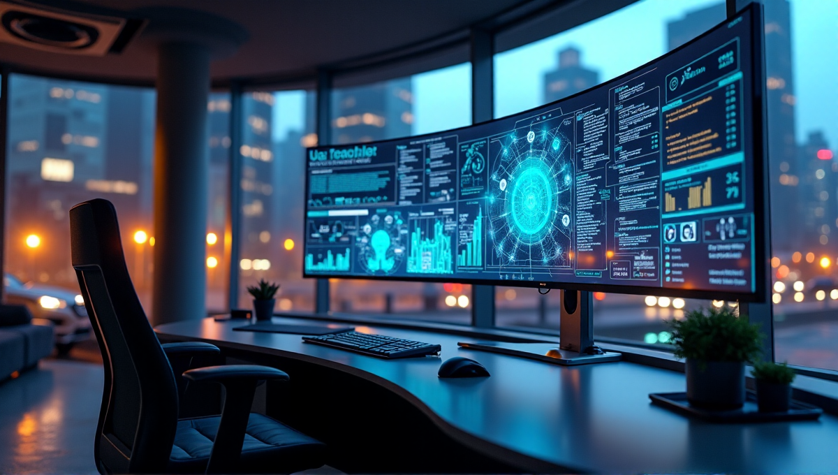 A futuristic marketing control room with an AI-powered campaign optimization system on a massive LED screen behind a minimalist desk, surrounded by dark grey and neon blue accents, with a cityscape at dusk in the background.