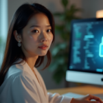"An Asian woman in her mid-30s sits comfortably in a minimalist office chair, surrounded by soft natural light, using AI Automation Solutions to securely access data on a modern computer monitor."