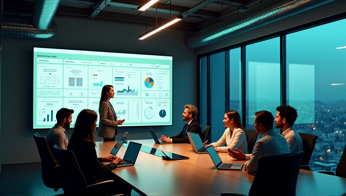 A group of diverse professionals collaborate around a conference table in a modern marketing control room, surrounded by AI-powered marketing tools and data analysis.